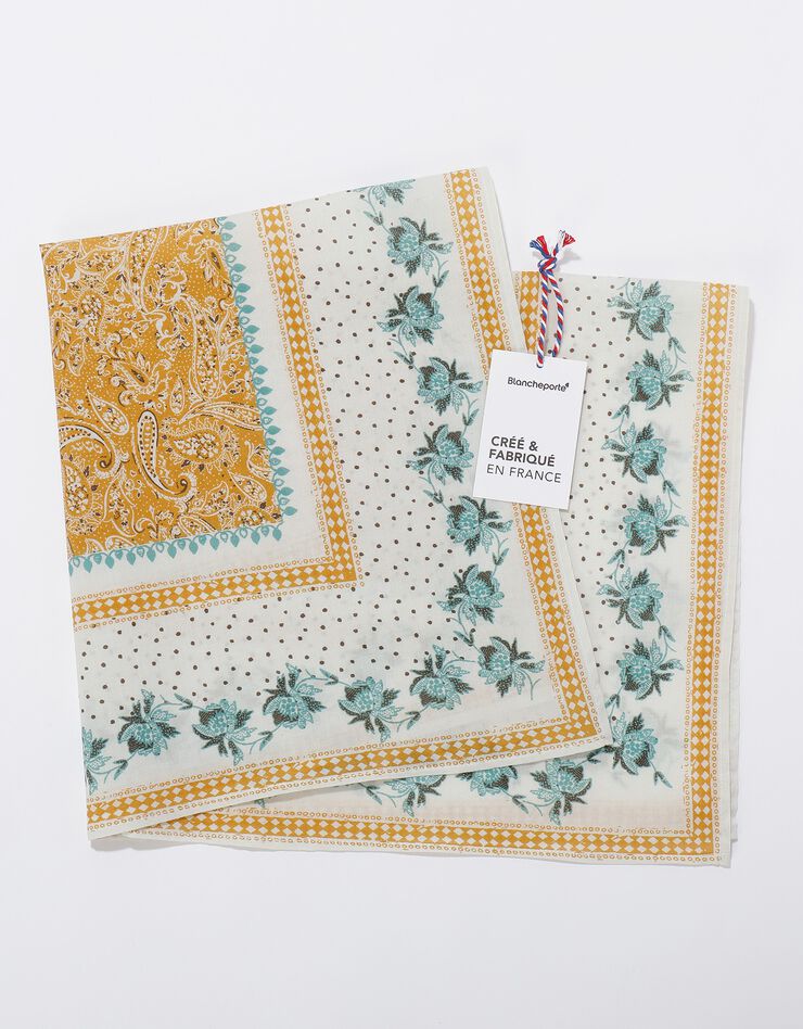 Foulard fabriqué en France imprimé fleuri, 70 x 70 cm  - coton (écru / moutarde)