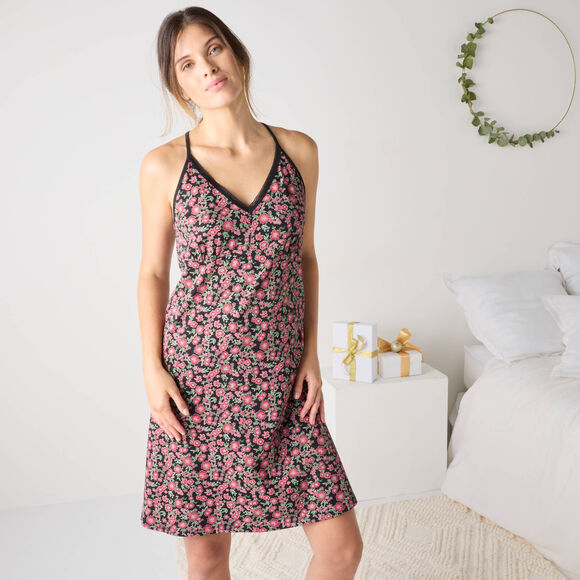 Nuisette dos macram&eacute; coton imprim&eacute; fleuri (noir / bordeaux)