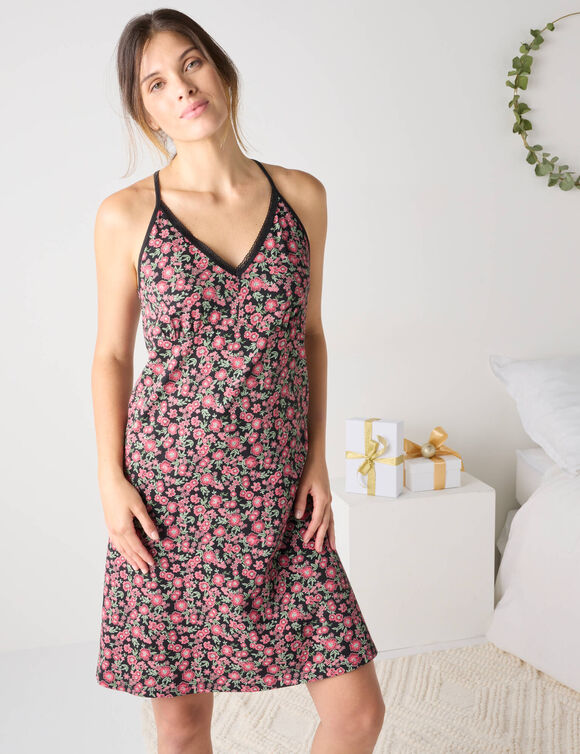 Nuisette dos macramé coton imprimé fleuri (noir / bordeaux)