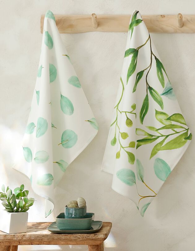 Torchon fabriqué en France motif végétal Aquarelle, lot de 2 - coton biologique(1) (blanc / vert)