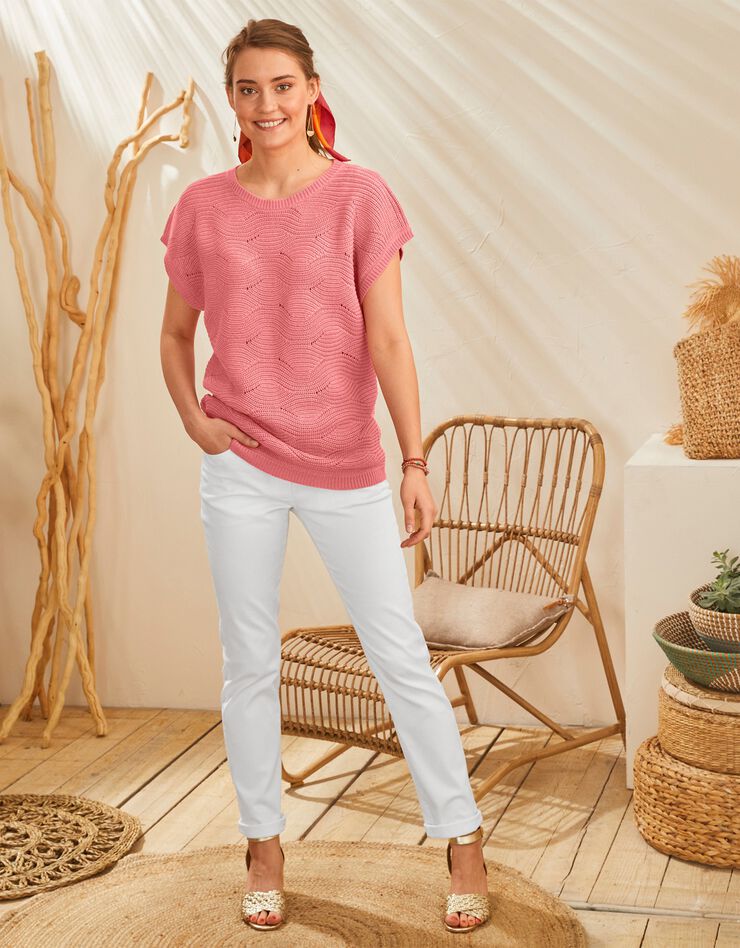 Pull manches courtes, maille fantaisie (corail) Pull manches courtes, maille fantaisie (corail)