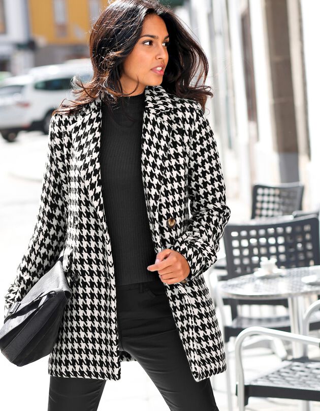 Manteau caban imprimé pied-de-poule aspect drap de laine (noir / blanc)