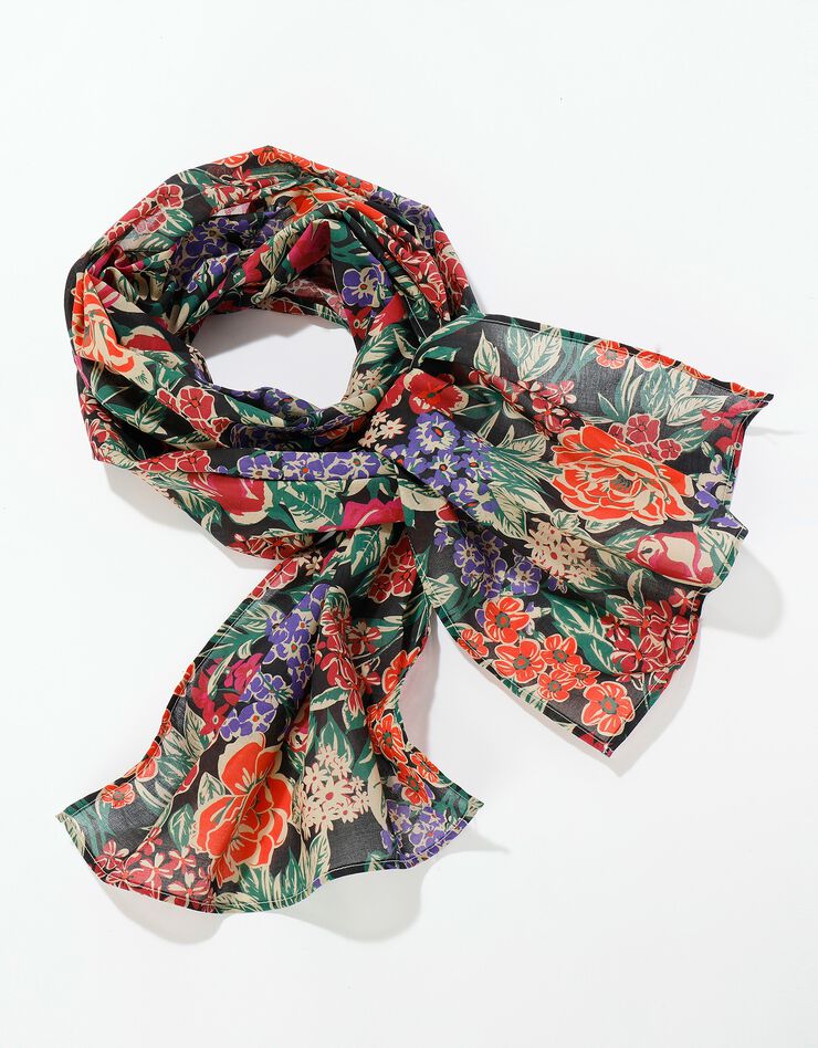 Foulard fabriqué en France imprimé grosses fleurs, 198x38 cm  - coton  (noir)