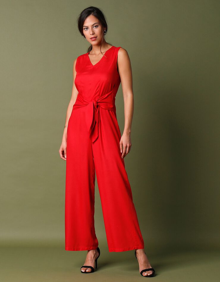 Combinaison pantalon unie col V sans manches  (rouge)