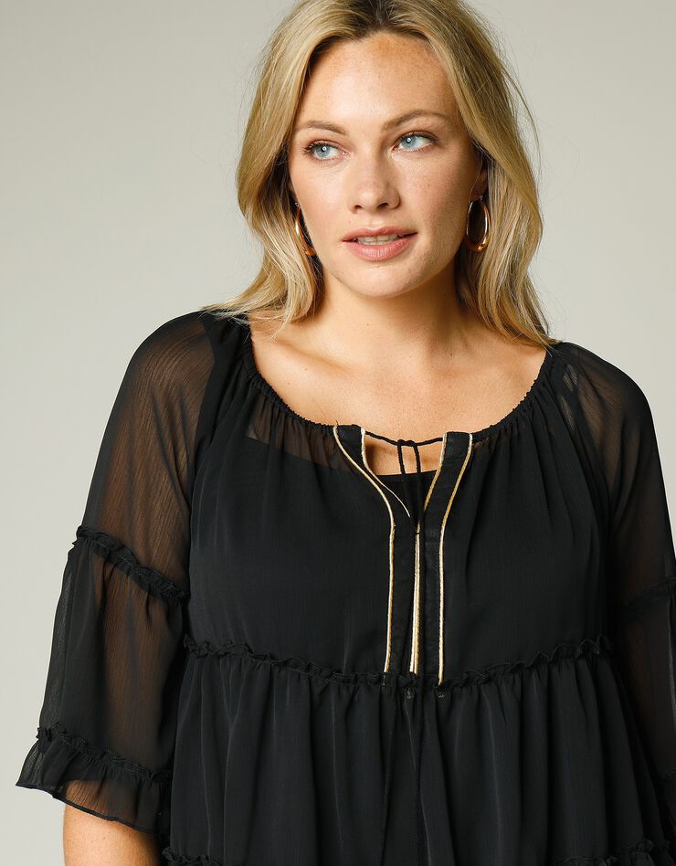 Blouse volantée voile unie détails dorés (noir) Blouse volantée voile unie détails dorés (noir)