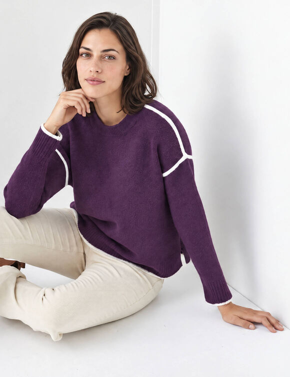 Pull bicolore en maille moelleuse  (prune)