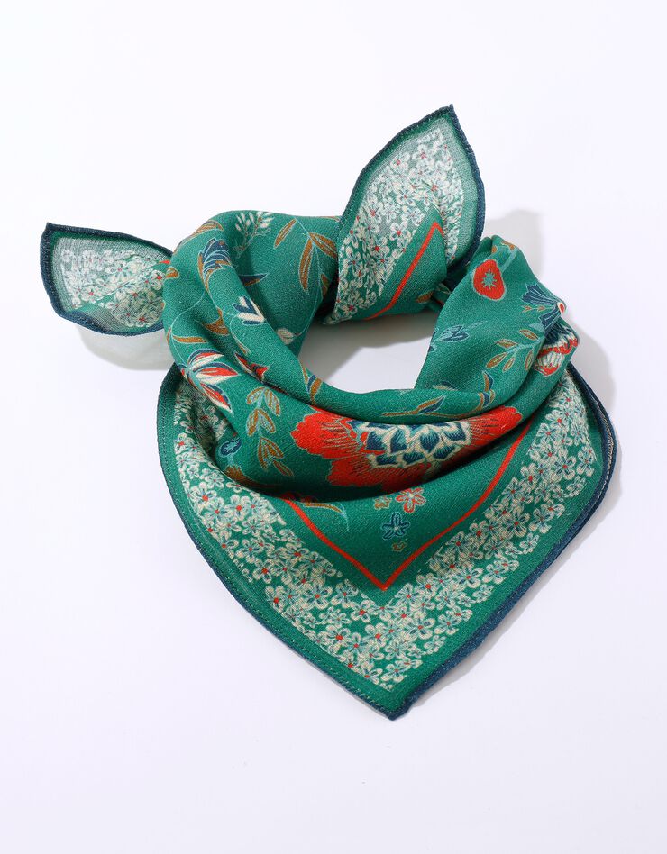 Foulard fabriqué en France imprimé fleurs, 48x48 cm - coton biologique(1) (vert)