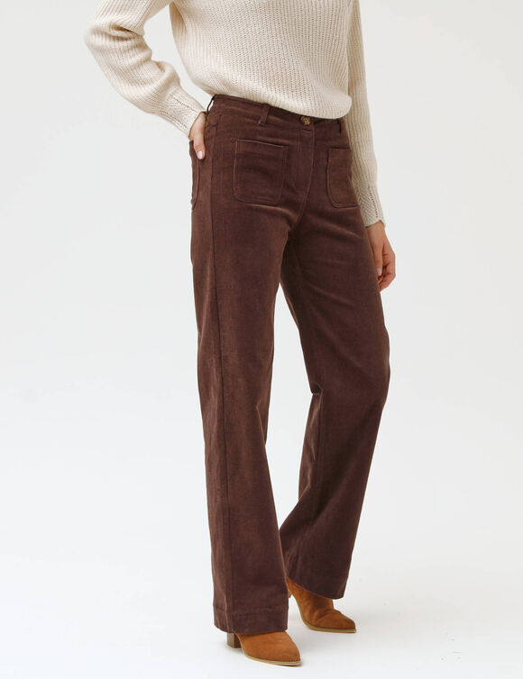 Pantalon velours coupe large taille haute, stature moyenne (chocolat)