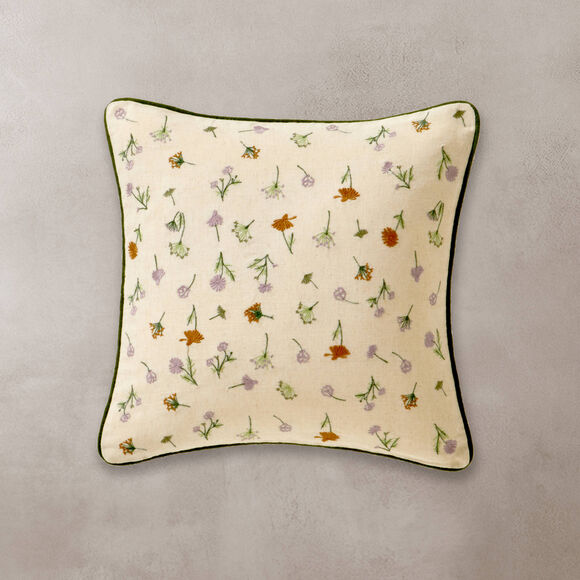 Coussin coton lin broderie fleurie (vert / parme)