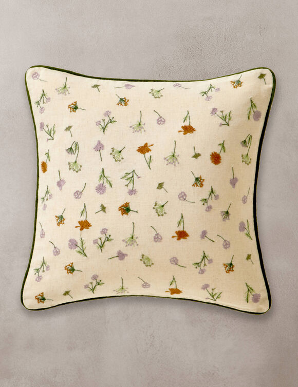 Coussin coton lin broderie fleurie (vert / parme)