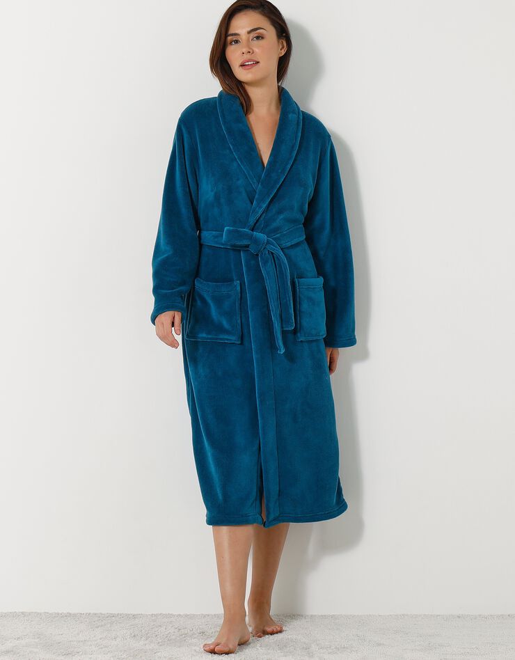 Peignoir mixte adulte col châle, microfibre toucher peluche (bleu paon)
