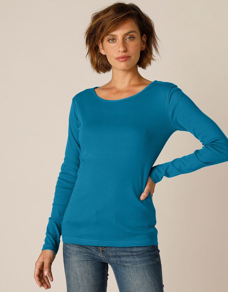 Tee-shirt uni manches longues jersey coton bio (bleu paon) Tee-shirt uni manches longues jersey coton bio (bleu paon)