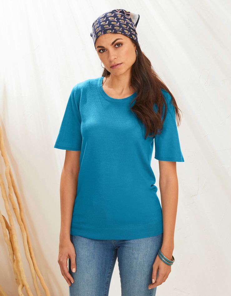 Pull uni manches courtes toucher cachemire (bleu prusse) Pull uni manches courtes toucher cachemire (bleu prusse)