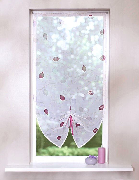 Store vitrage clairi&egrave;re voile imprim&eacute; feuilles (prune)