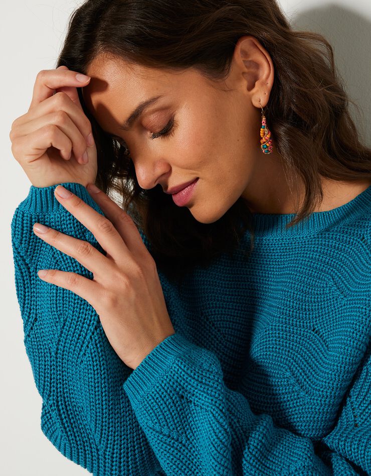 Pull manches longues, maille fantaisie (turquoise) Pull manches longues, maille fantaisie (turquoise)
