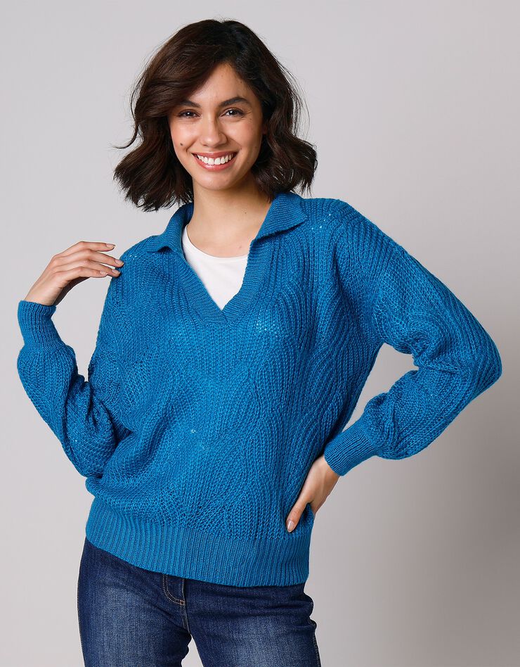 Pull manches bouffantes - col polo (bleu paon) Pull manches bouffantes - col polo (bleu paon)