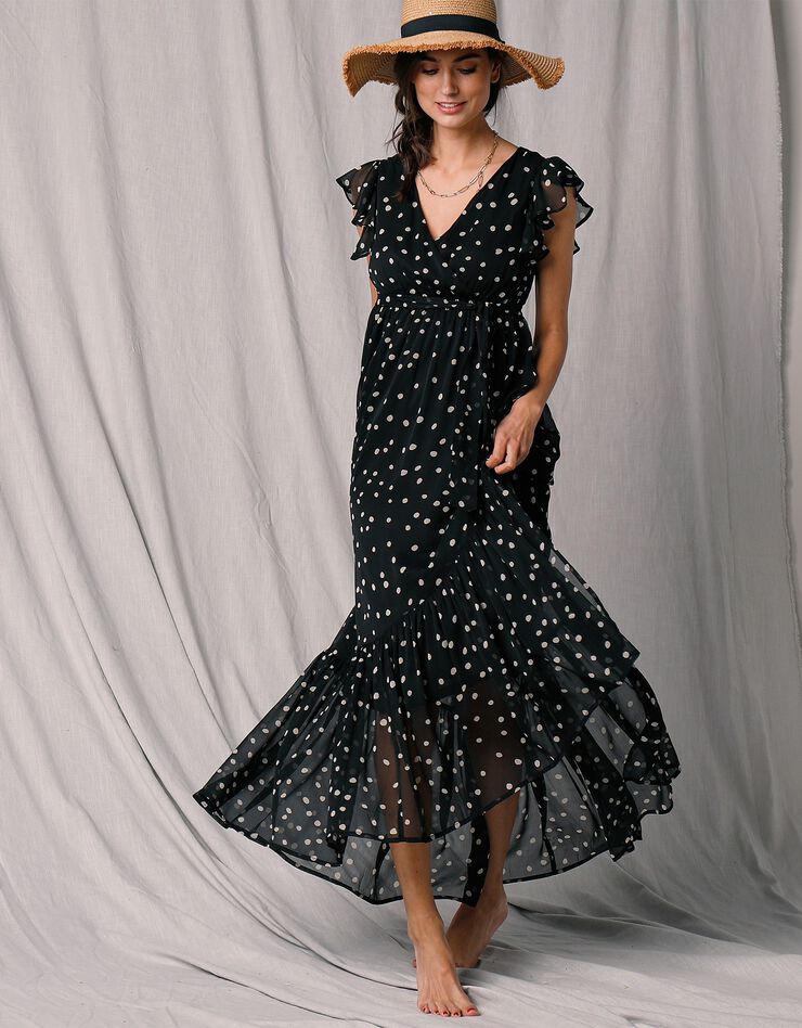 Robe longue cache-coeur sans manches voile imprimé (noir / écru)