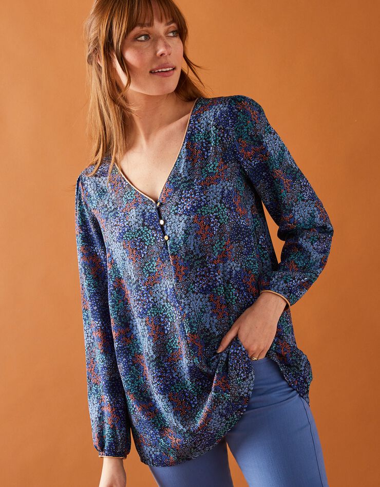 Blouse évasée détails dorés imprimé fleurs (marine / bleu) Blouse évasée détails dorés imprimé fleurs (marine / bleu)