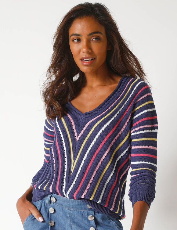 Pull V maille fantaisie, rayures graphiques (indigo / multicolore)