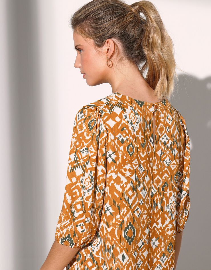 Robe housse imprimée manches coudes, crêpe (safran)