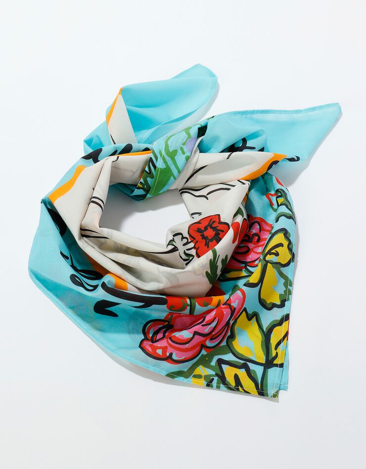 Foulard fabriqué en France imprimé fleurs, 100 x 100 cm  - coton (bleu ciel)