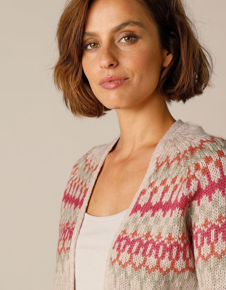 Gilet jacquard porter ouvert toucher mohair (beige chiné) Gilet jacquard porter ouvert toucher mohair (beige chiné)