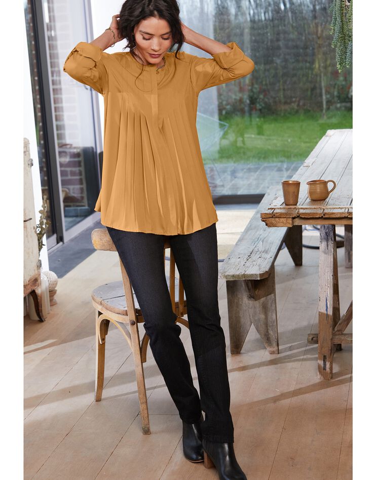 Blouse boutonnée à plis évasée unie, crêpe (safran) Blouse boutonnée à plis évasée unie, crêpe (safran)