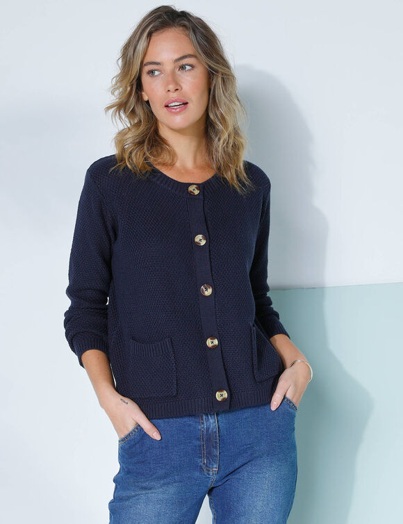 Gilet paletot maille fantaisie, boutons effet corne (marine)