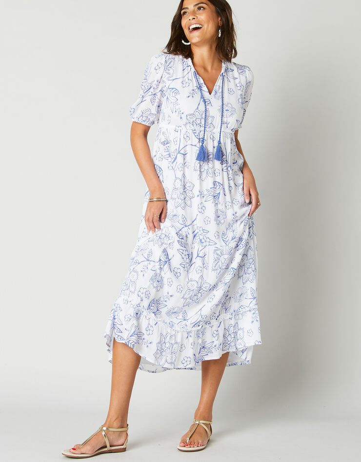 Robe longue volantée imprimée (blanc / bleu)