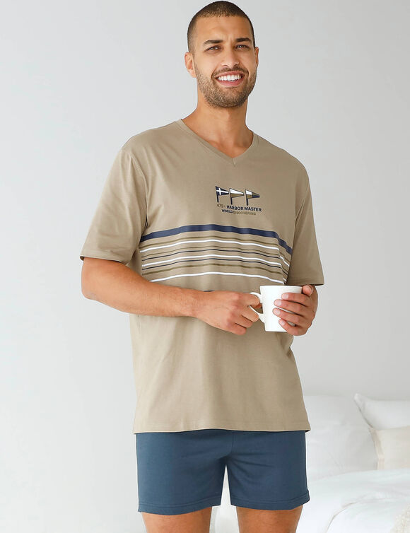 Pyjama short col V coton adouci (tilleul / marine)