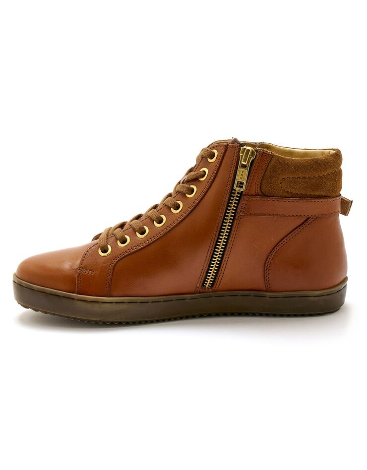 Baskets montantes zippées à lacets largeur confort en cuir (marron) Baskets montantes zippées à lacets largeur confort en cuir (marron)