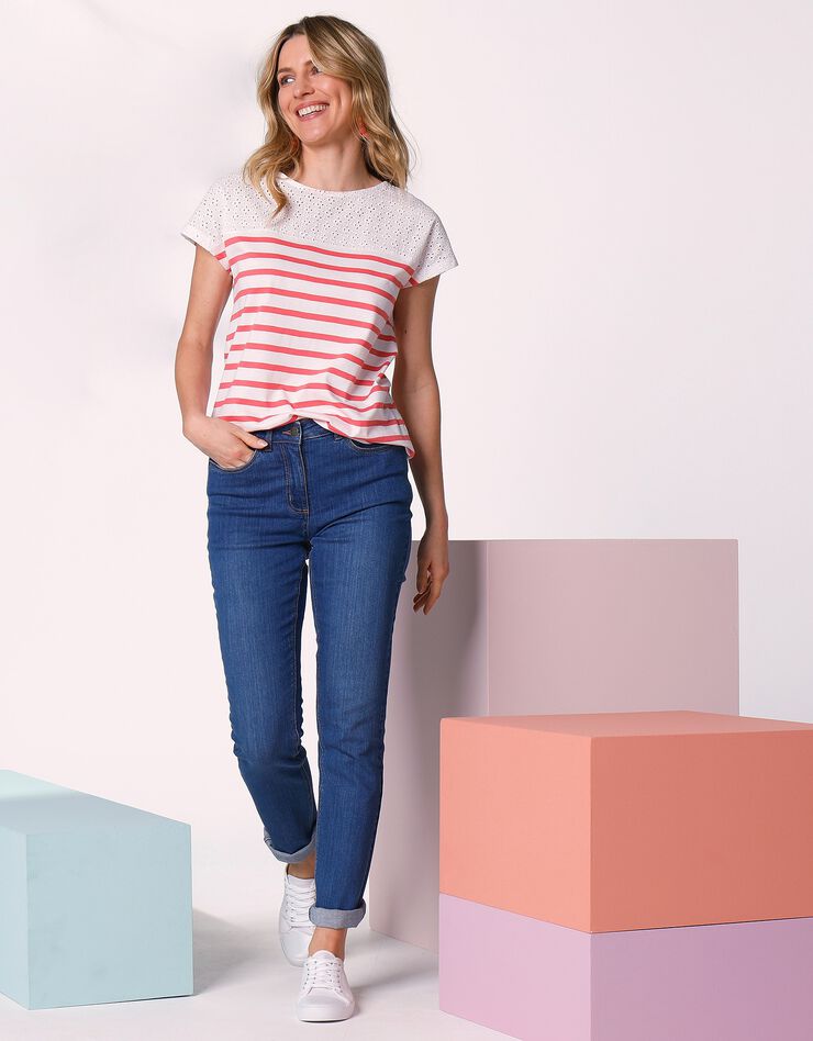 Tee-shirt rayé boutonné broderie anglaise (blanc / rose)