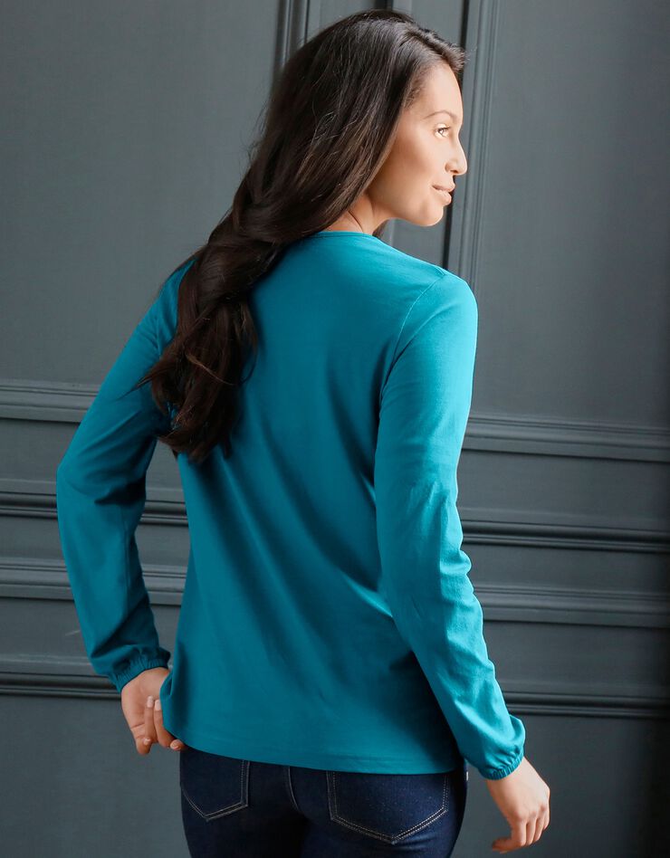 Tee-shirt uni plastron plumetis et dentelle (bleu canard) Tee-shirt uni plastron plumetis et dentelle (bleu canard)
