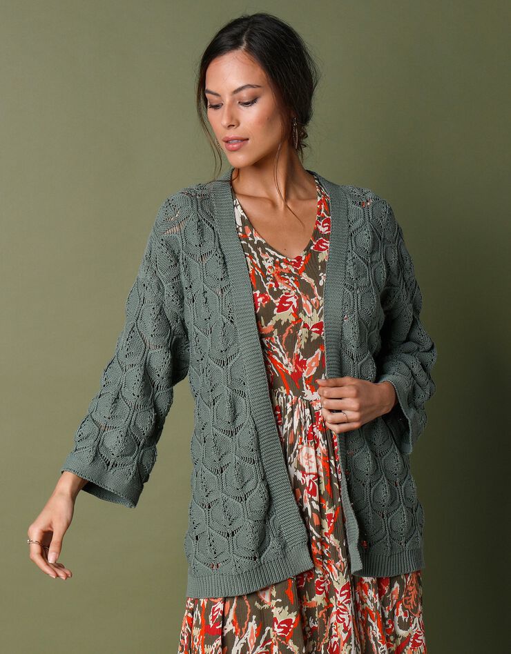 Gilet kimono, maille ajourée (vert amande)