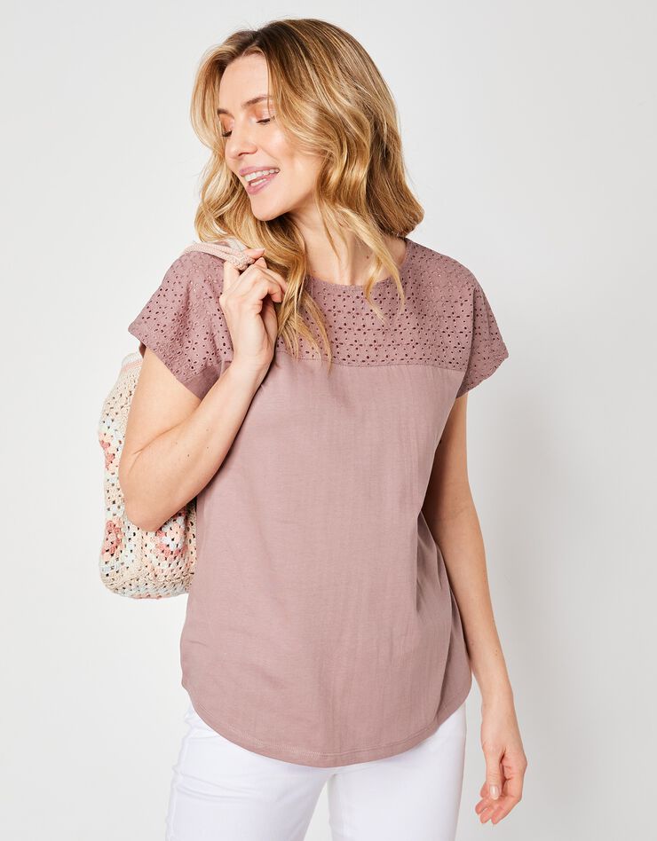 Tee-shirt broderie anglaise manches courtes (taupe)