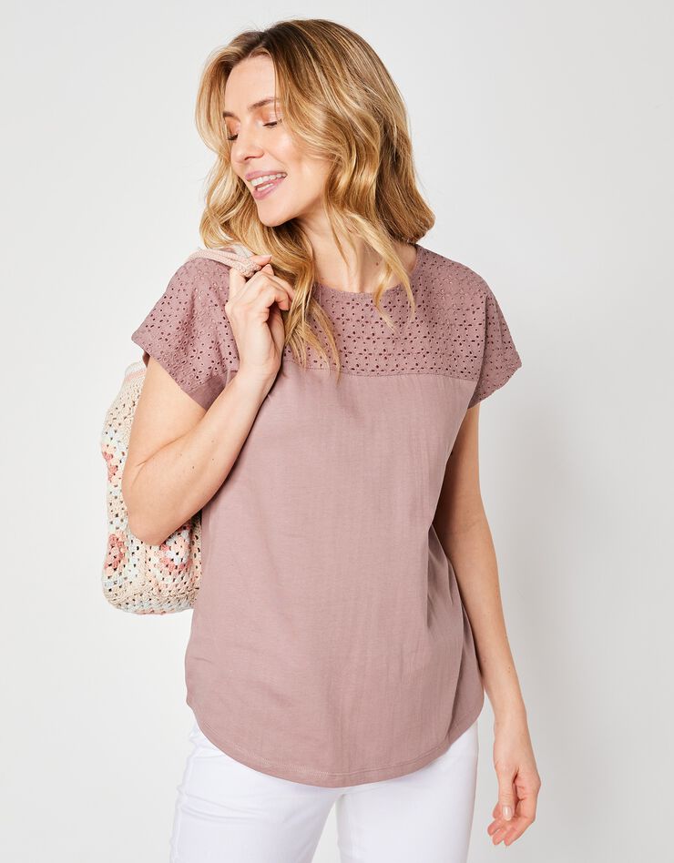 Tee-shirt broderie anglaise manches courtes (taupe) Tee-shirt broderie anglaise manches courtes (taupe)