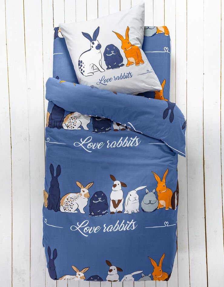 Linge de lit Rabbit en coton imprimé lapins (bleu)