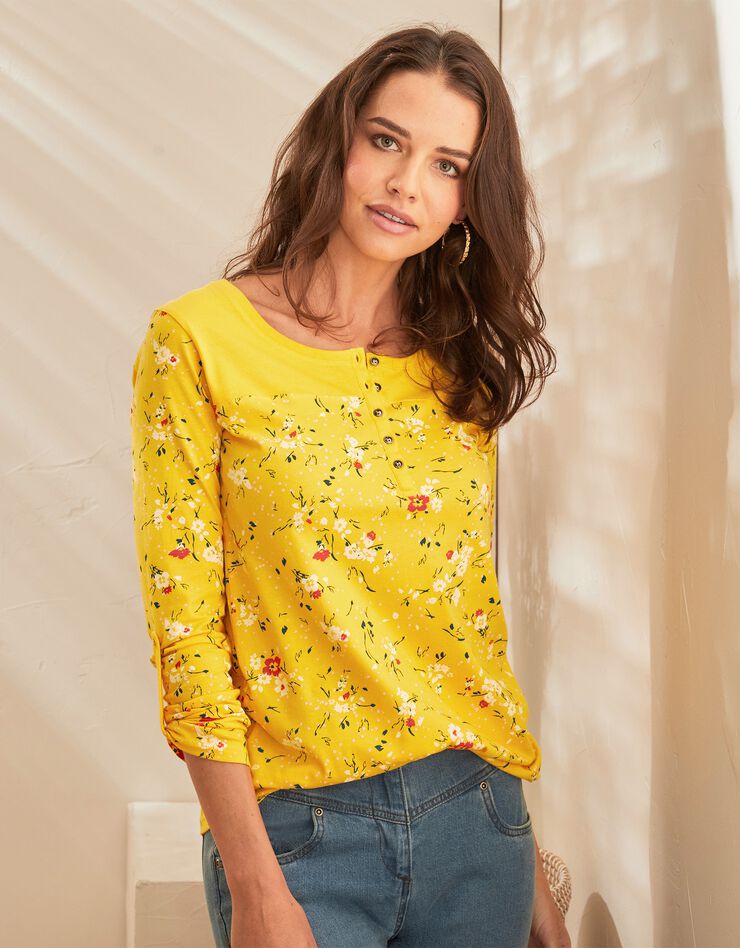 Tee-shirt col tunisien manches longues imprimé fleuri (safran) Tee-shirt col tunisien manches longues imprimé fleuri (safran)