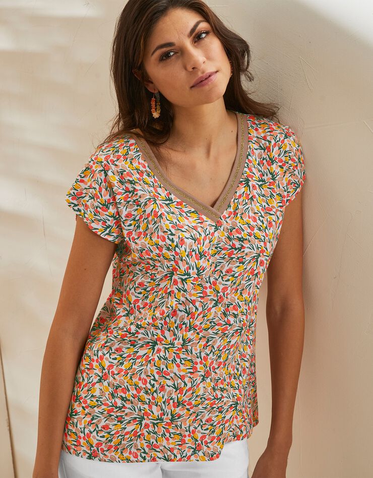Tee-shirt épaules tombantes imprimé fleurs (corail) Tee-shirt épaules tombantes imprimé fleurs (corail)
