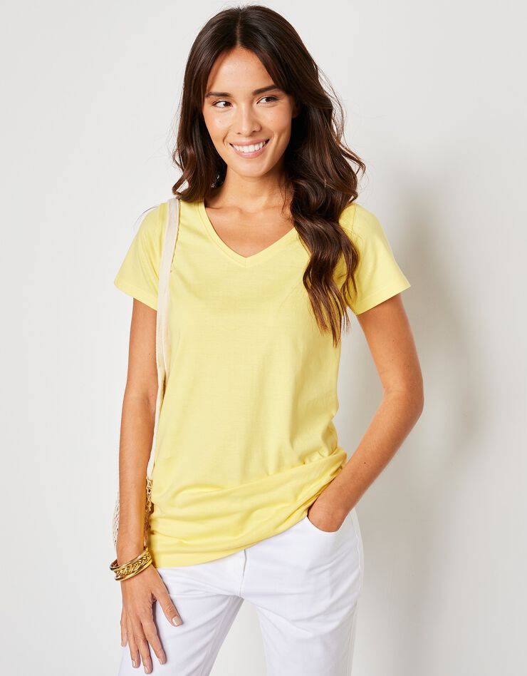 Tee-shirt col V uni manches courtes coton (jaune pâle) Tee-shirt col V uni manches courtes coton (jaune pâle)