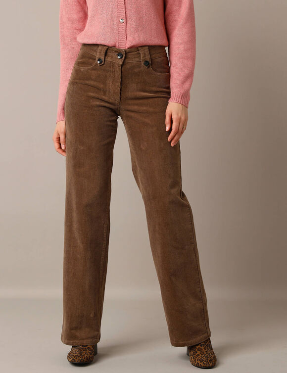 Pantalon large droit, velours côtelé (taupe)