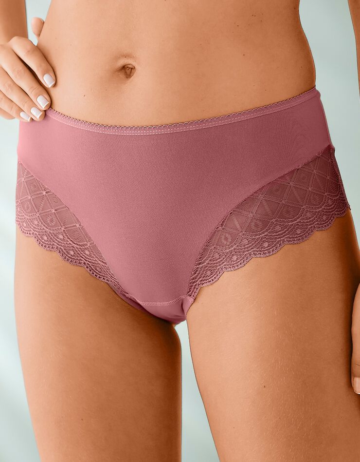 Culotte forme maxi coton stretch imprimé et dentelle - lot de 3 (noisette + corail + noir) Culotte forme maxi coton stretch imprimé et dentelle - lot de 3 (noisette + corail + noir)