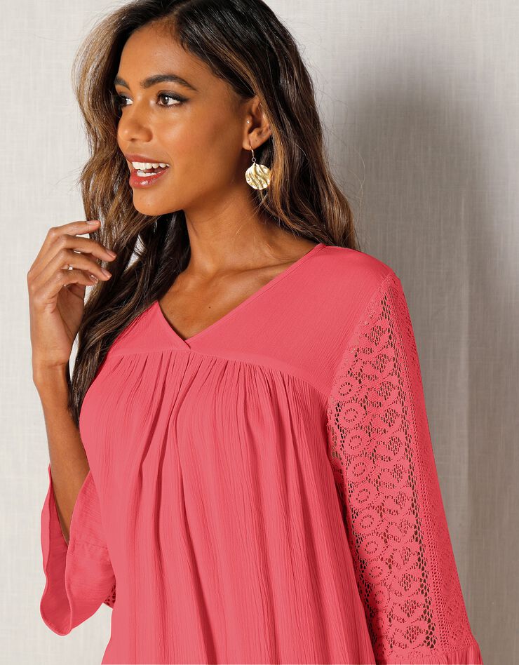 Blouse unie col V manches 3/4 macramé (corail) Blouse unie col V manches 3/4 macramé (corail)