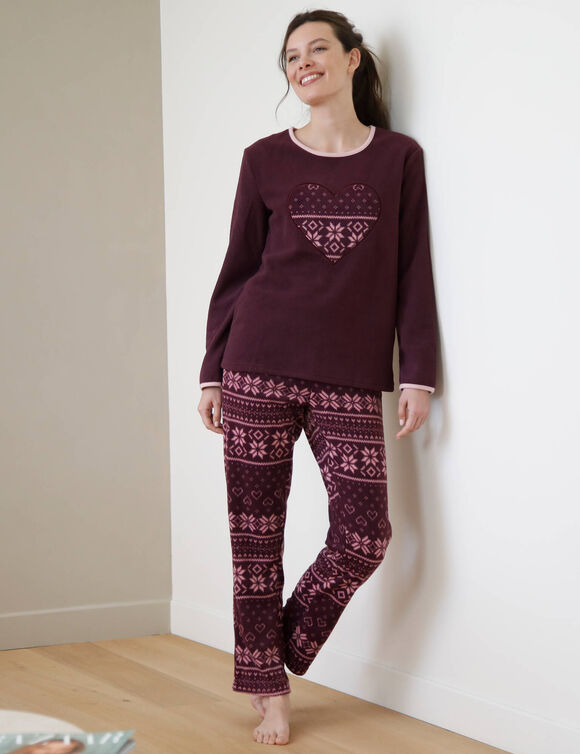 Pyjama pantalon imprim&eacute; coeur, maille polaire (prune)