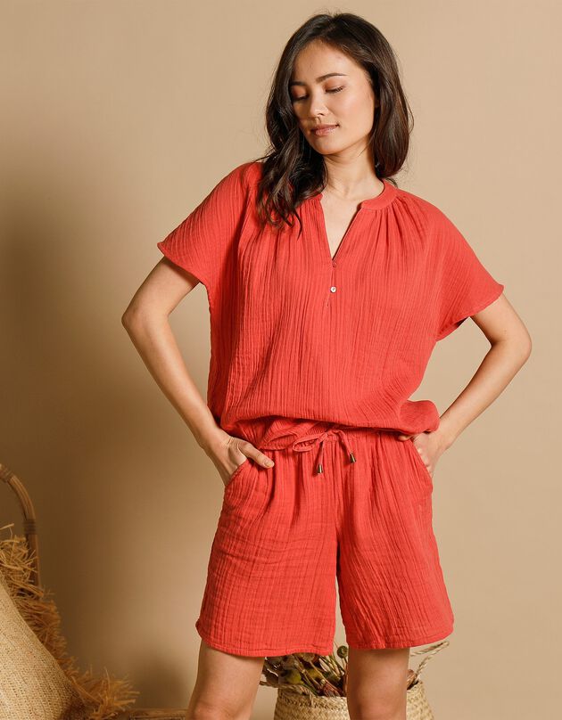 Blouse col tunisien manches courtes gaze de coton (paprika) Blouse col tunisien manches courtes gaze de coton (paprika)