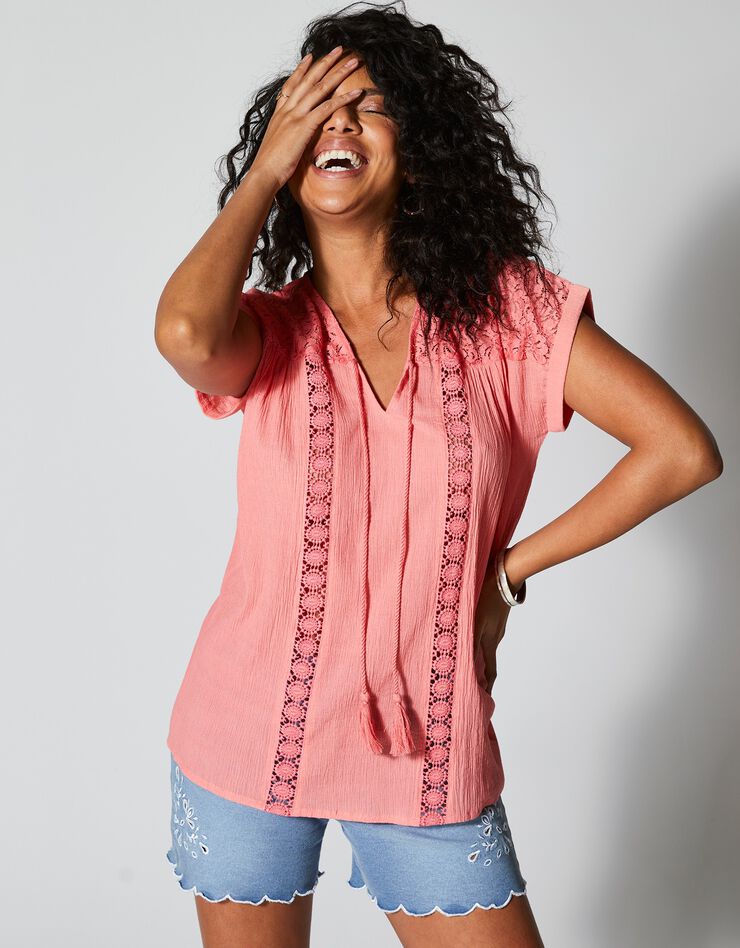 Tunique macramé crépon coton (corail) Tunique macramé crépon coton (corail)