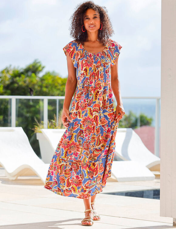 Robe longue volantée, crépon imprimé (bleu / rose)