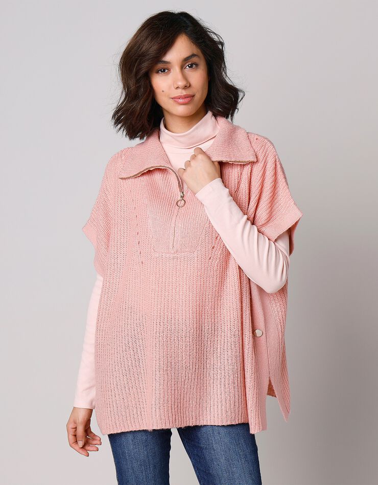 Pull poncho zippé manches courtes fentes boutonnées (rose poudré) Pull poncho zippé manches courtes fentes boutonnées (rose poudré)