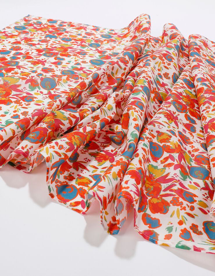 Foulard style chèche fabriqué en France imprimé printanier, 160 x 70 cm - coton (écru / corail)