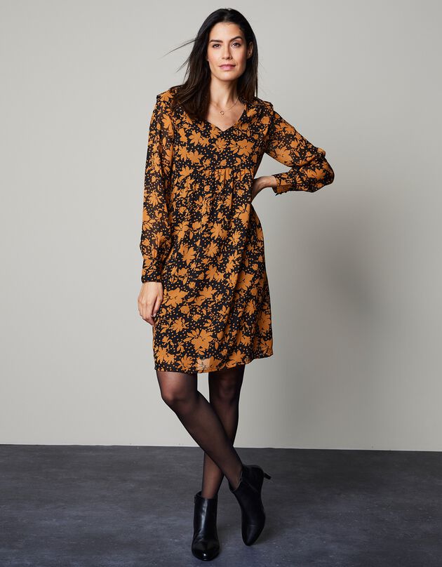 Robe voile Georgette imprimé végétal stylisé (noir / caramel)